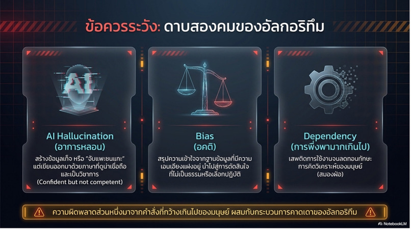 การใช้ AI อย่างชาญฉลาดทำอย่างไร? รู้จักข้อควรระวังจาก AI Hallucination, Bias และ Dependency พร้อมแนวทางใช้ AI ควบคู่กับการคิดวิเคราะห์และวิจารณญาณ